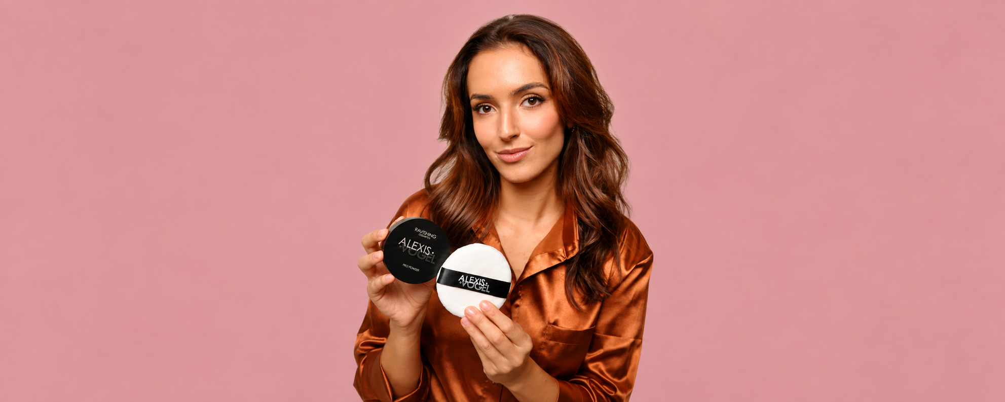 Ravishing Cosmetics face makeup model holding powder compact and puff