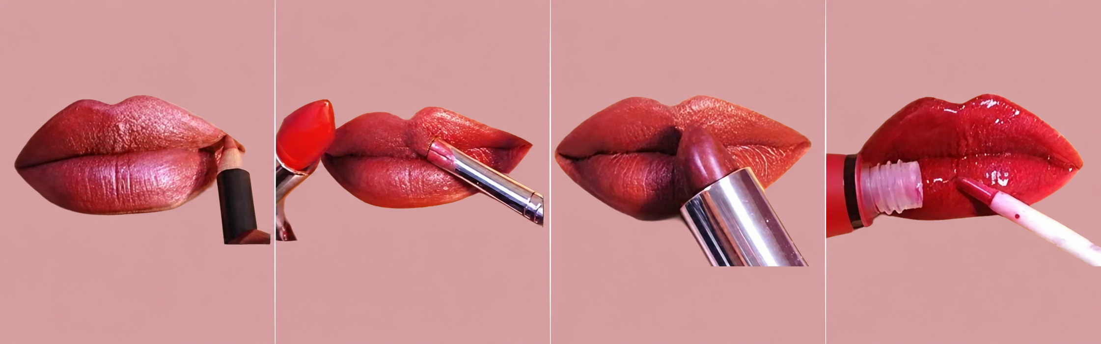Four Ravishing Cosmetics lip looks and applicators